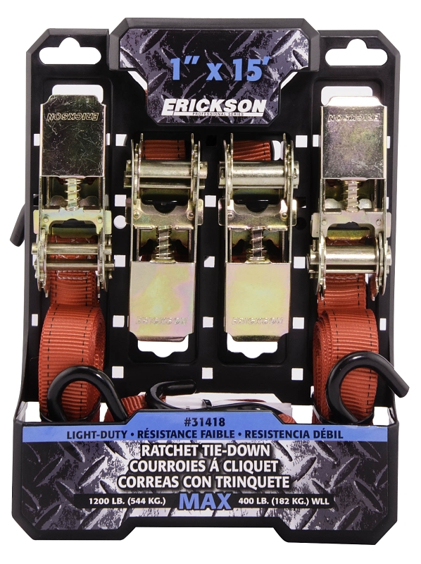 Erickson 31418 Tie-Down Strap, 1 in W, 15 ft L, Polyester, Red, 400 lb Working Load, S-Hook End
